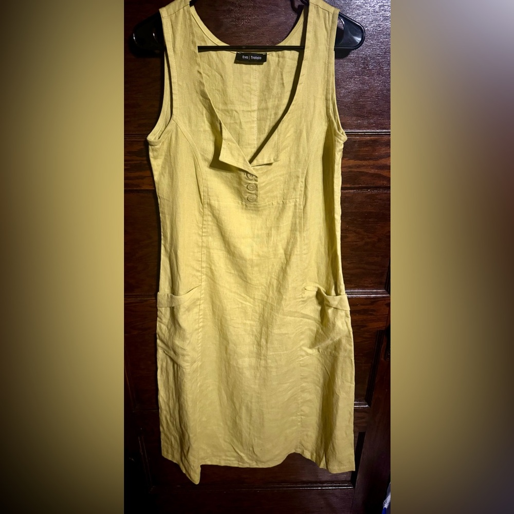 Eva Tralala, 100% Linen Dress, Greenish Yellow, EUC